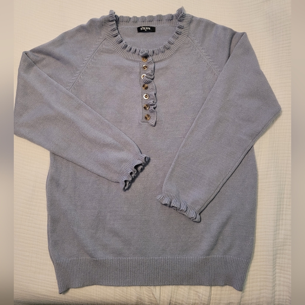 Gray Ruffle Button-Detail Sweater